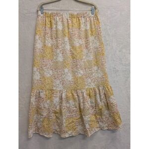 Floral Maxi Skirt Pastel Yellow White Elastic Waist Flowy Lined Summer‎ Spring L